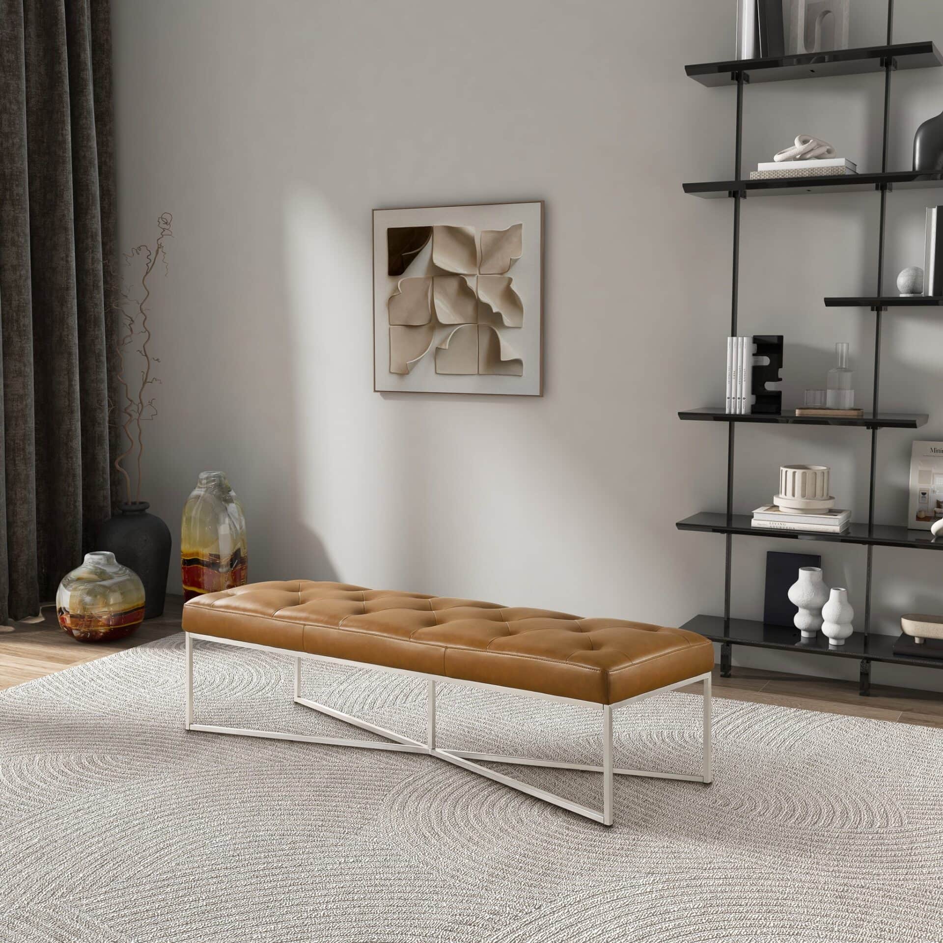 Mid-Century Modern Hand-Tufted Tan Leather Bench with Metal Frame 3 Mid-Century Modern Hand-Tufted Tan Leather Bench with Metal Frame - Image 3