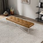 Mid-Century Modern Hand-Tufted Tan Leather Bench with Metal Frame 9 Mid-Century Modern Hand-Tufted Tan Leather Bench with Metal Frame