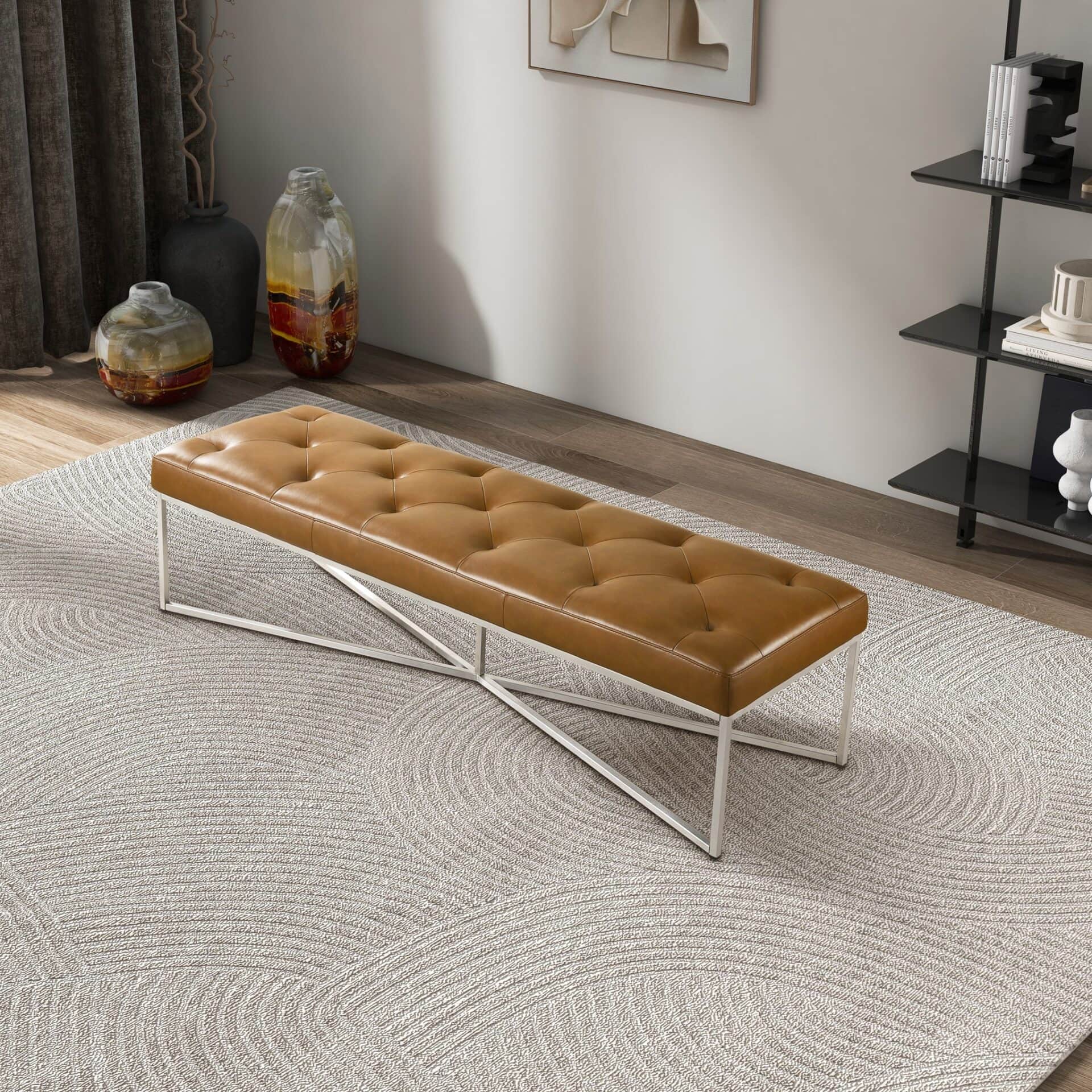 Mid-Century Modern Hand-Tufted Tan Leather Bench with Metal Frame 4 Mid-Century Modern Hand-Tufted Tan Leather Bench with Metal Frame - Image 4