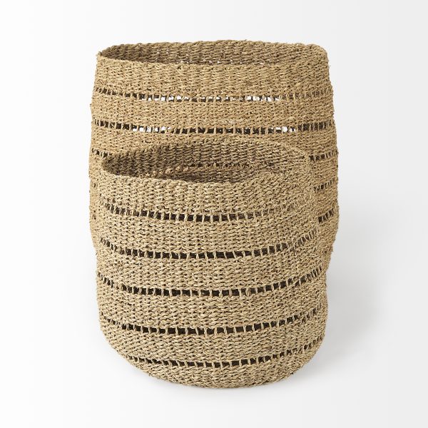 Hayes 17.7L x 17.7W x 11.8H Set of 2 Medium Brown Seagrass Round Basket with Stripe Pattern 2
