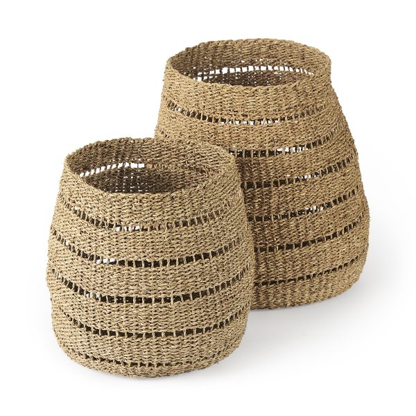 Hayes 17.7L x 17.7W x 11.8H Set of 2 Medium Brown Seagrass Round Basket with Stripe Pattern