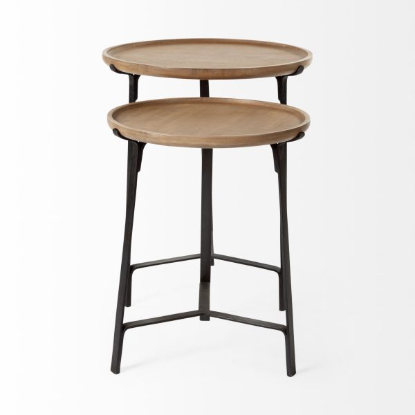 Helios III 20L x 24H Set of Two Round Brown Solid Wood Iron Base Nesting EndSide Tables 5