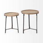 Helios III 20L x 24H Set of Two Round Brown Solid Wood Iron Base Nesting End/Side Tables