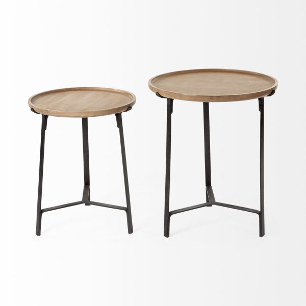 Helios III 20L x 24H Set of Two Round Brown Solid Wood Iron Base Nesting EndSide Tables 6