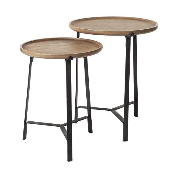 Helios III 20L x 24H Set of Two Round Brown Solid Wood Iron Base Nesting EndSide Tables