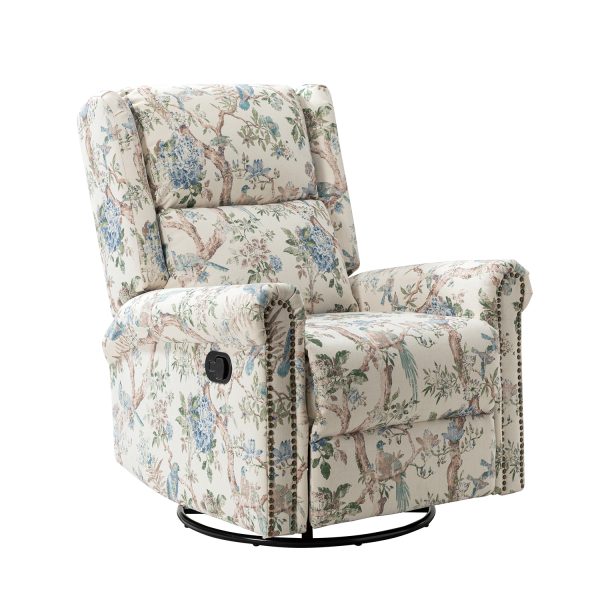 Helmut Bird Print Linen Swivel Glider Recliner with Nailhead Trim 1