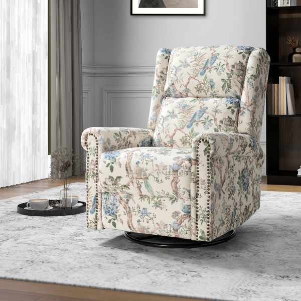 Helmut Bird Print Linen Swivel Glider Recliner with Nailhead Trim