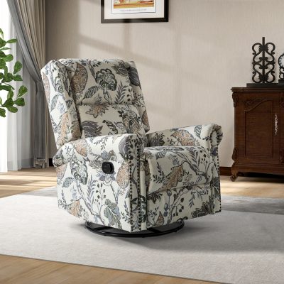 Helmut Jacobean Linen Swivel Glider Recliner Nailhead Trim