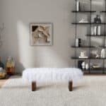 White Synthetic Fur Upholstered Bench with Walnut Frame 7 White Synthetic Fur Upholstered Bench with Walnut Frame