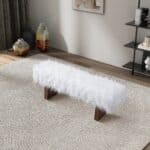 White Synthetic Fur Upholstered Bench with Walnut Frame 9 White Synthetic Fur Upholstered Bench with Walnut Frame