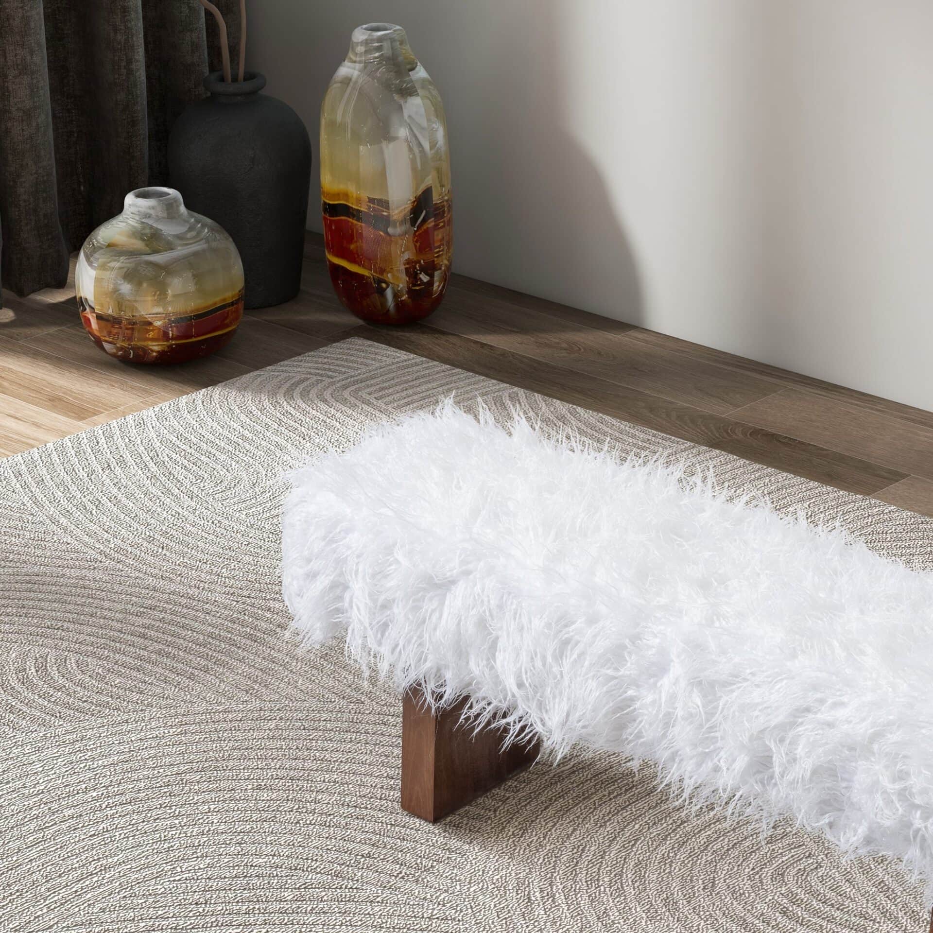 White Synthetic Fur Upholstered Bench with Walnut Frame 5 White Synthetic Fur Upholstered Bench with Walnut Frame - Image 5