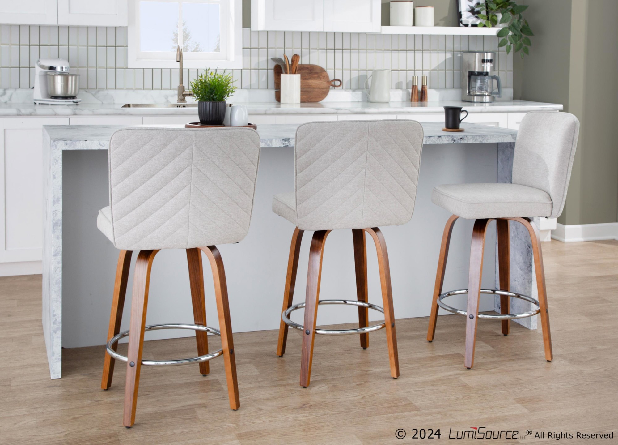 Henry 26-Inch Contemporary Walnut and Beige Swivel Stools (Set of 2) 2 Henry 26-Inch Contemporary Walnut and Beige Swivel Stools (Set of 2) - Image 2