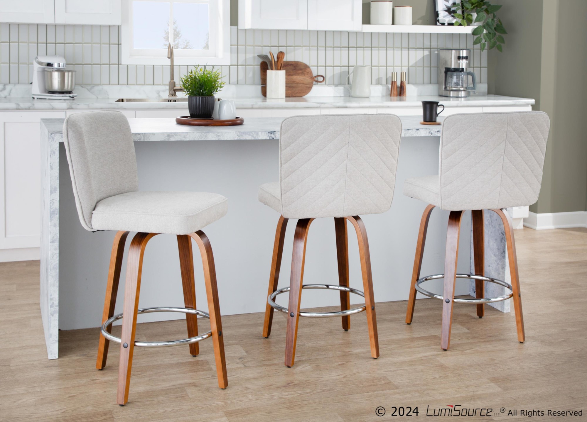 Henry 26-Inch Contemporary Walnut and Beige Swivel Stools (Set of 2) 3 Henry 26-Inch Contemporary Walnut and Beige Swivel Stools (Set of 2) - Image 3