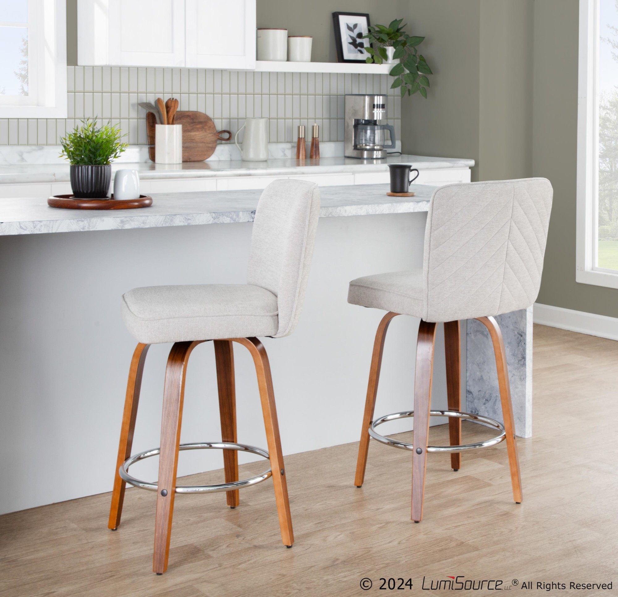 Henry 26-Inch Contemporary Walnut and Beige Swivel Stools (Set of 2) 4 Henry 26-Inch Contemporary Walnut and Beige Swivel Stools (Set of 2) - Image 4