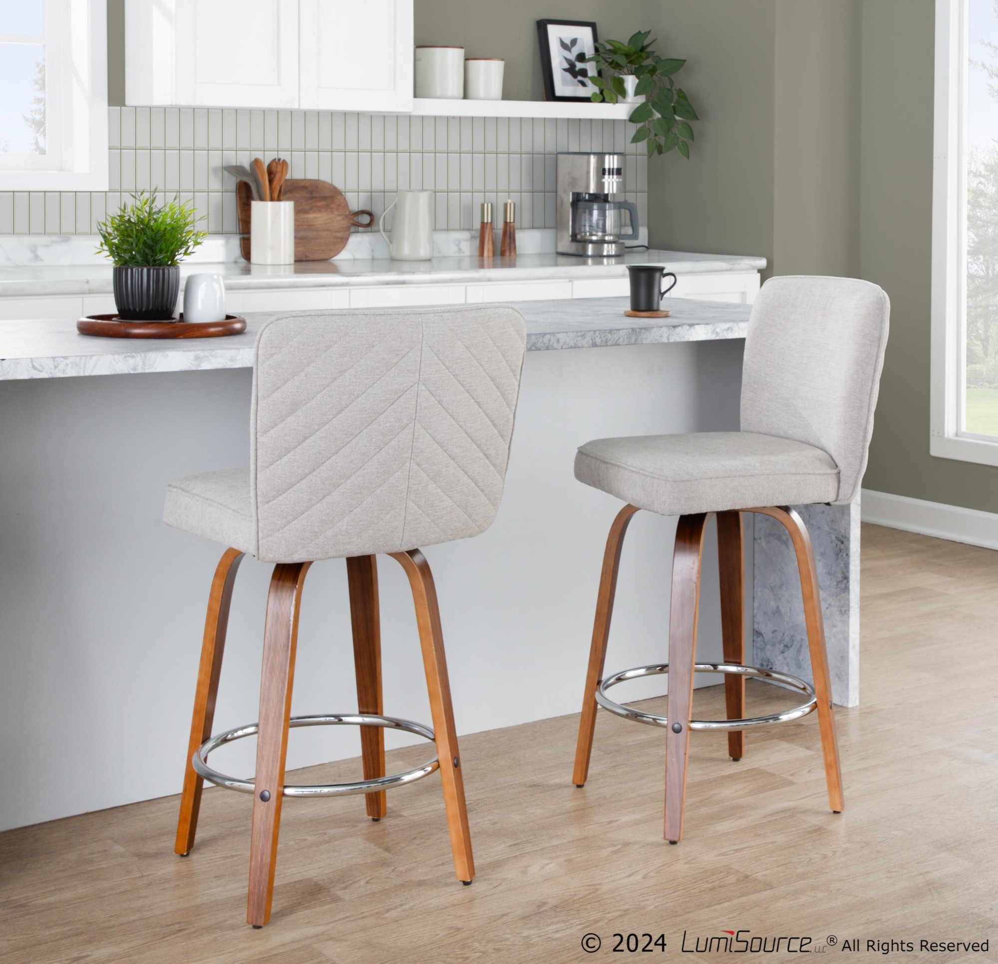 Henry 26-Inch Contemporary Walnut and Beige Swivel Stools (Set of 2) 1 Henry 26-Inch Contemporary Walnut and Beige Swivel Stools (Set of 2)