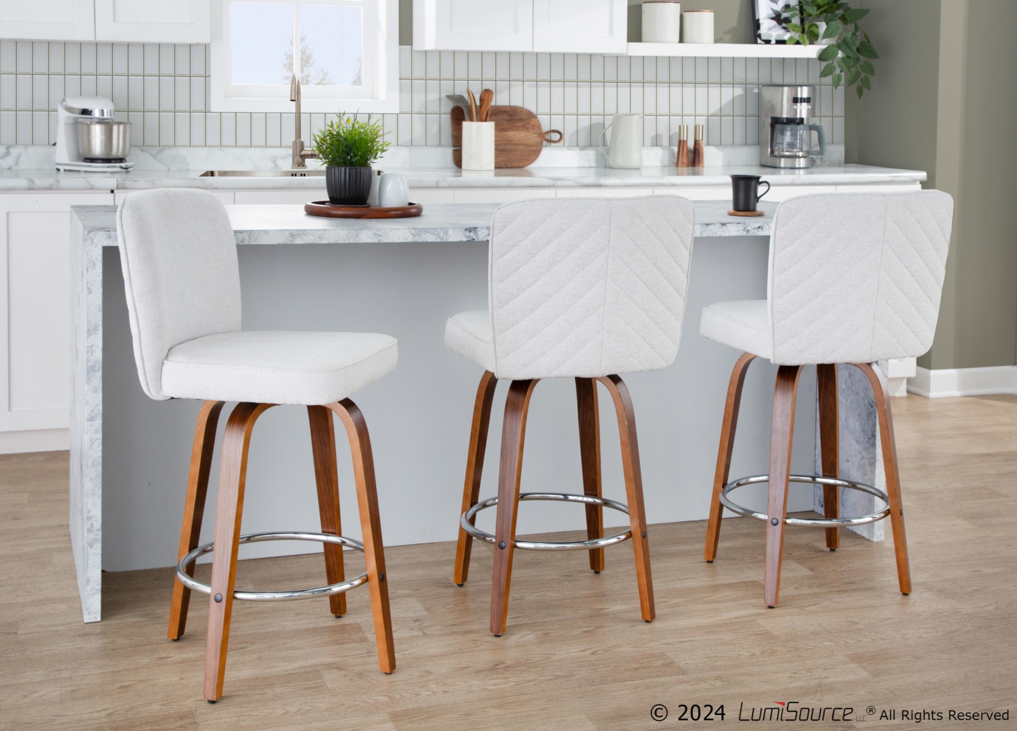 Henry 26 Walnut White Contemporary Swivel Counter Stools (Set of 2) 2 Henry 26 Walnut White Contemporary Swivel Counter Stools (Set of 2) - Image 2