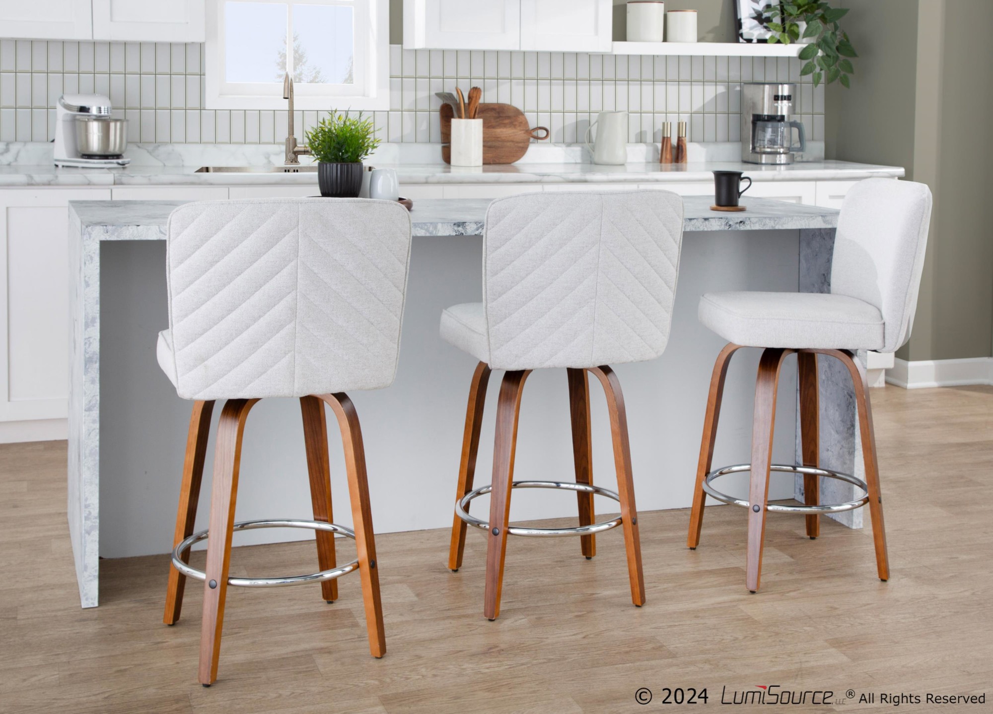 Henry 26 Walnut White Contemporary Swivel Counter Stools (Set of 2) 3 Henry 26 Walnut White Contemporary Swivel Counter Stools (Set of 2) - Image 3