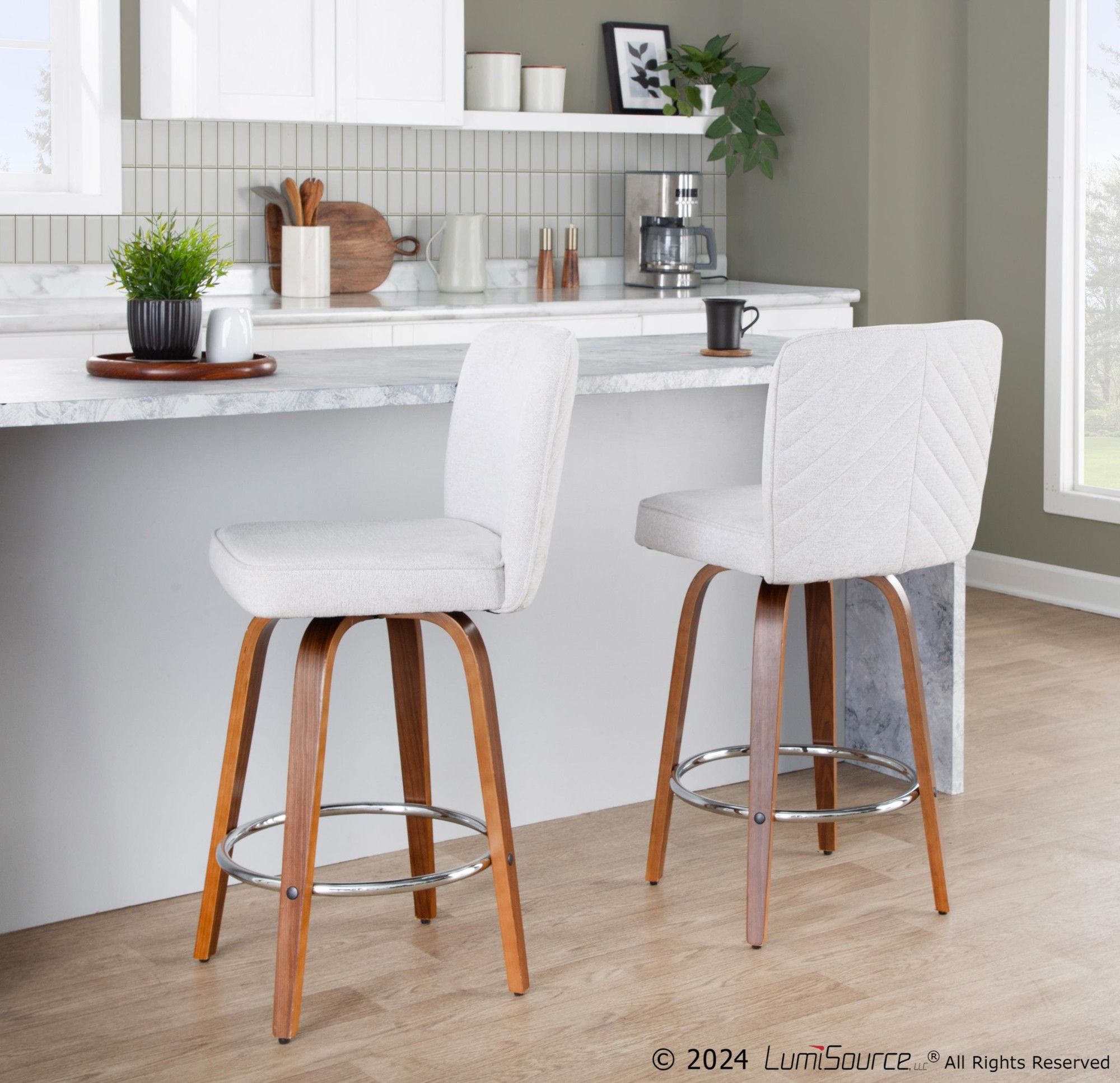 Henry 26 Walnut White Contemporary Swivel Counter Stools (Set of 2) 4 Henry 26 Walnut White Contemporary Swivel Counter Stools (Set of 2) - Image 4