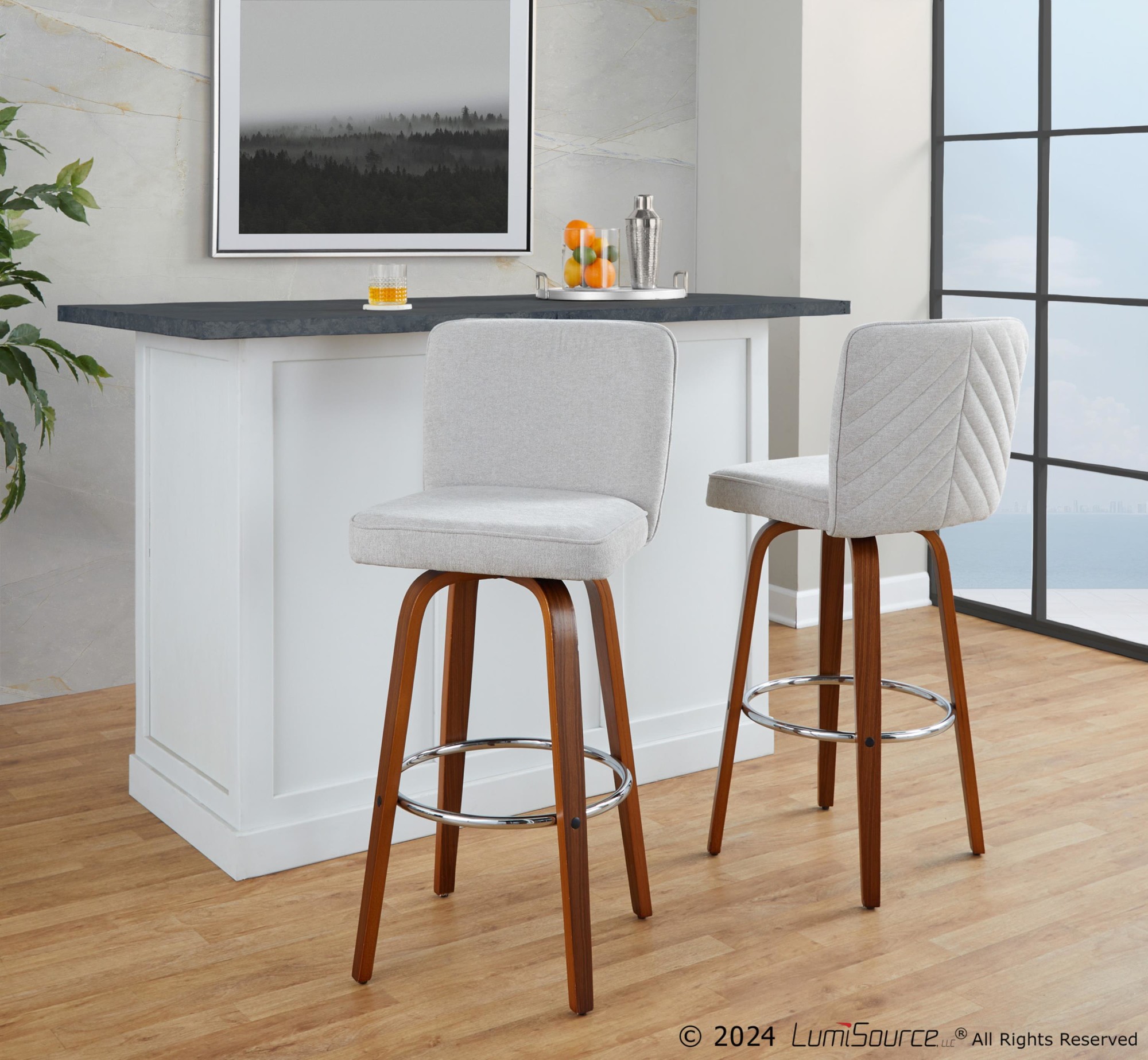 Henry 30 Walnut Wood Beige Contemporary Swivel Barstools (Set of 2) 2 Henry 30 Walnut Wood Beige Contemporary Swivel Barstools (Set of 2) - Image 2