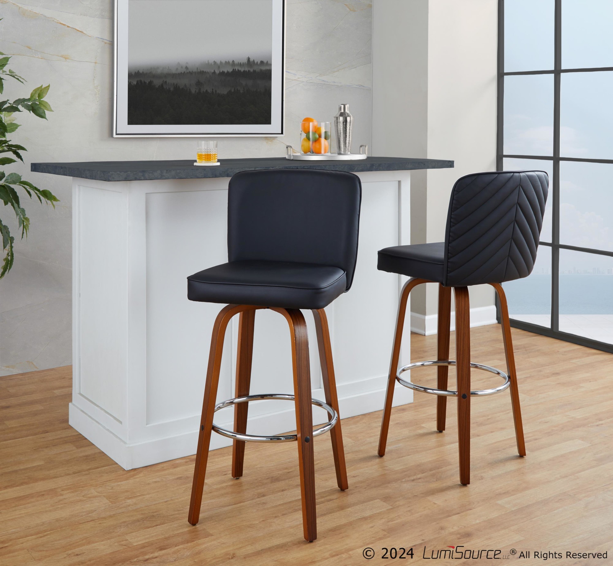 Henry 30" Walnut and Black Contemporary Swivel Barstools (Set of 2) 4 Henry 30" Walnut and Black Contemporary Swivel Barstools (Set of 2) - Image 4