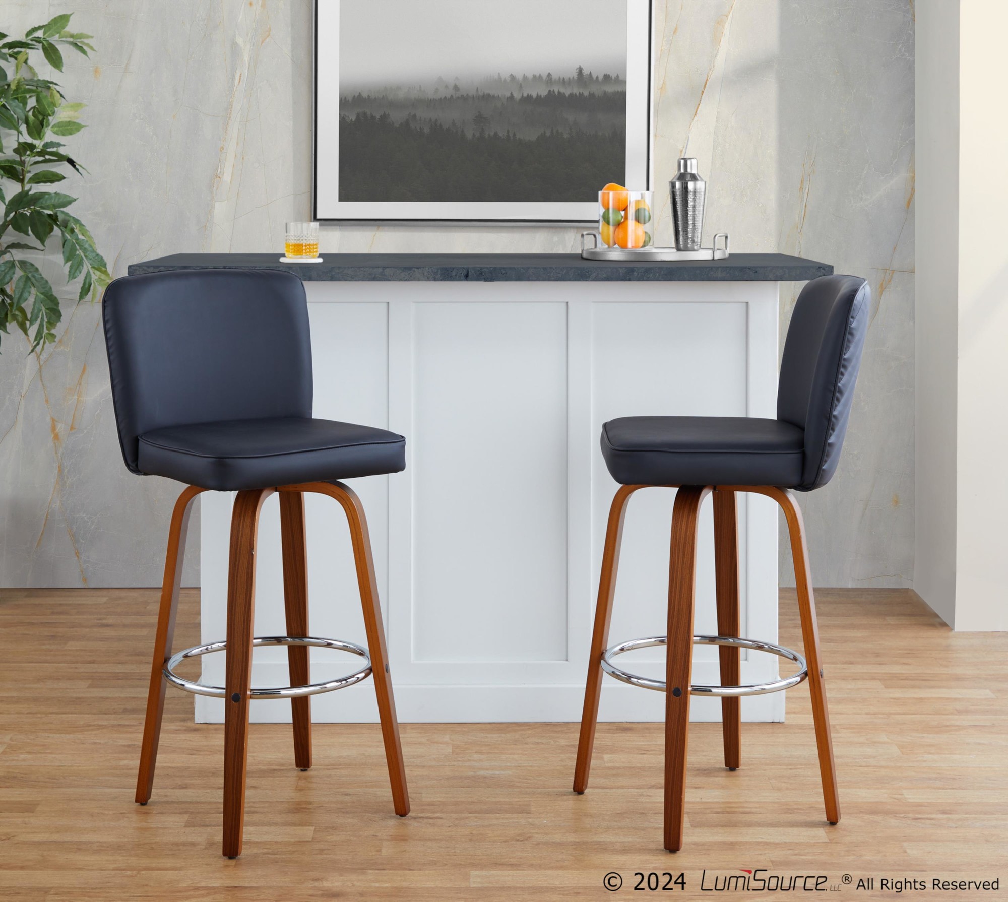 Henry 30" Walnut and Black Contemporary Swivel Barstools (Set of 2) 1 Henry 30" Walnut and Black Contemporary Swivel Barstools (Set of 2)