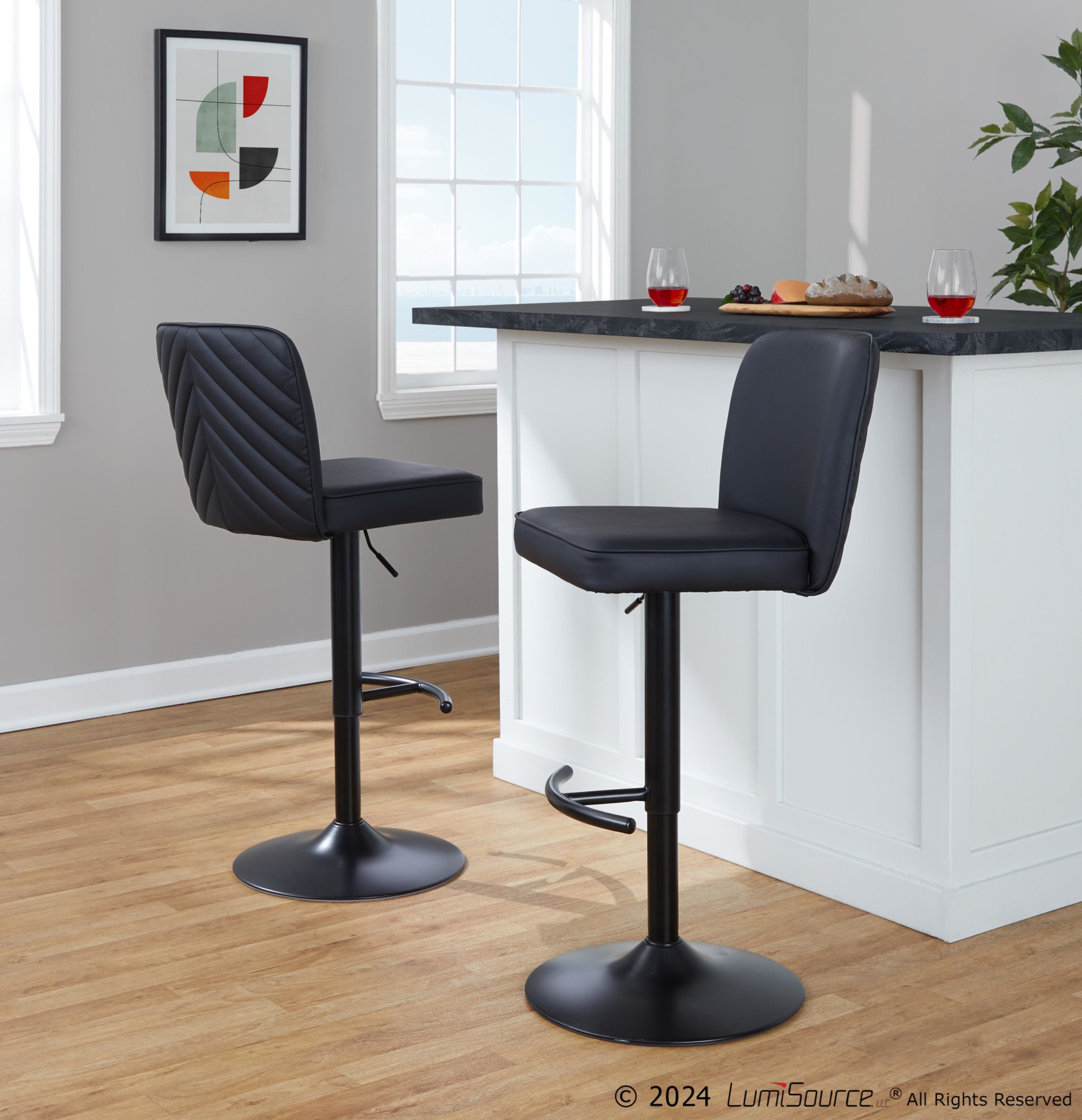 Henry Black Faux Leather Contemporary Adjustable Swivel Barstool (Set of 2) 3 Henry Black Faux Leather Contemporary Adjustable Swivel Barstool (Set of 2) - Image 3