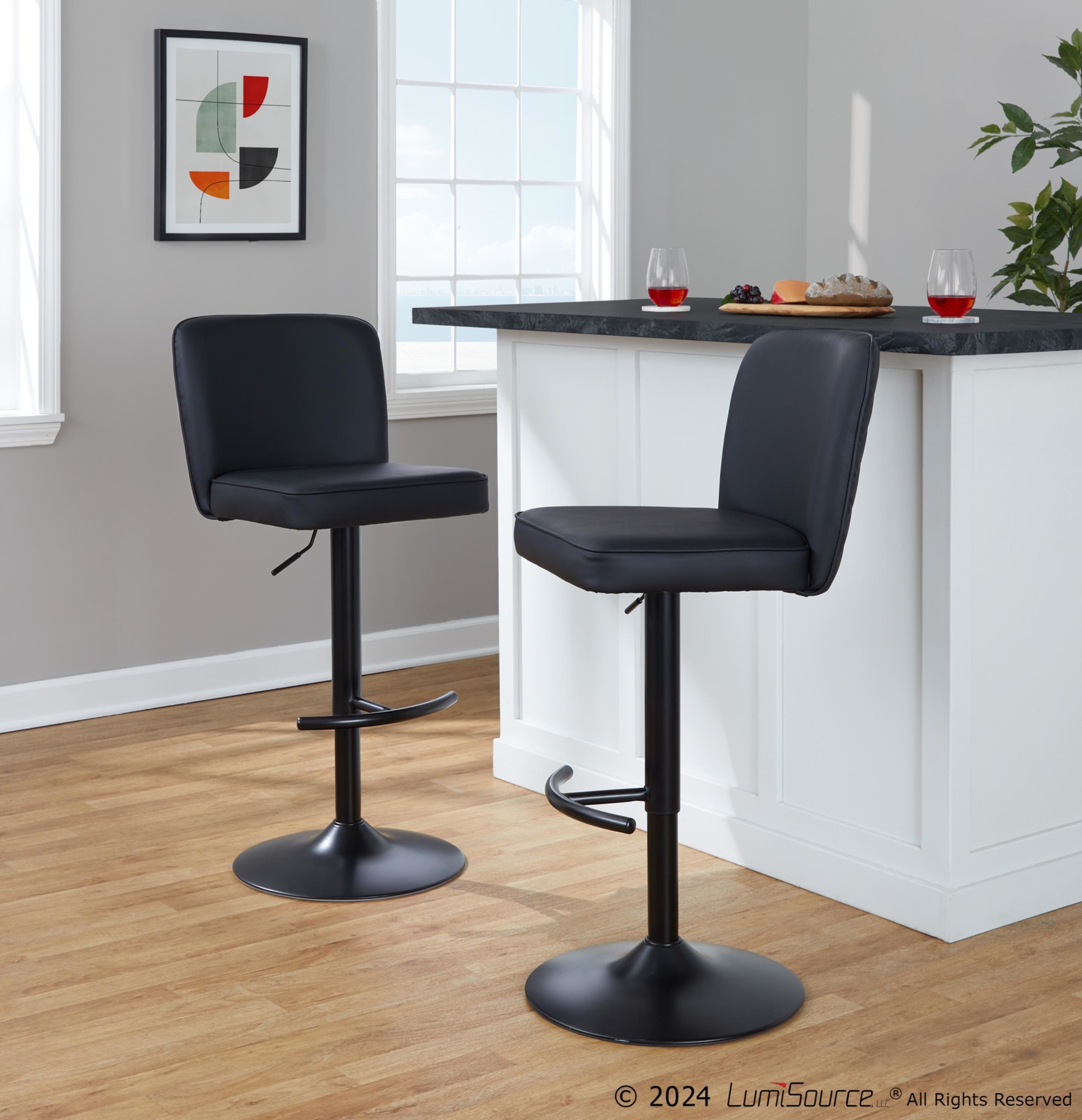 Henry Black Faux Leather Contemporary Adjustable Swivel Barstool (Set of 2) 4 Henry Black Faux Leather Contemporary Adjustable Swivel Barstool (Set of 2) - Image 4
