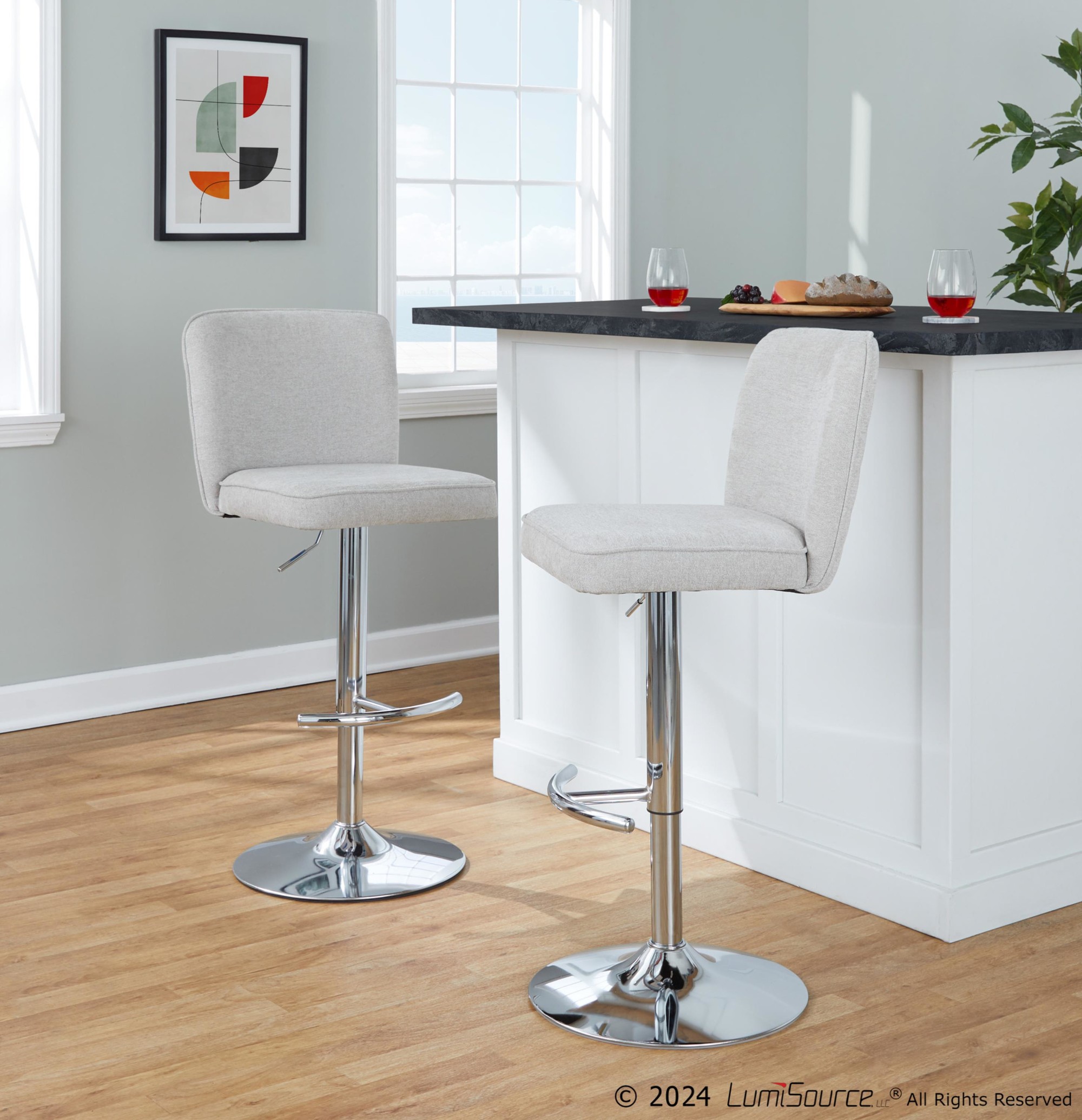 Henry Chrome Beige Contemporary Adjustable Swivel Barstool (Set of 2) 2 Henry Chrome Beige Contemporary Adjustable Swivel Barstool (Set of 2) - Image 2