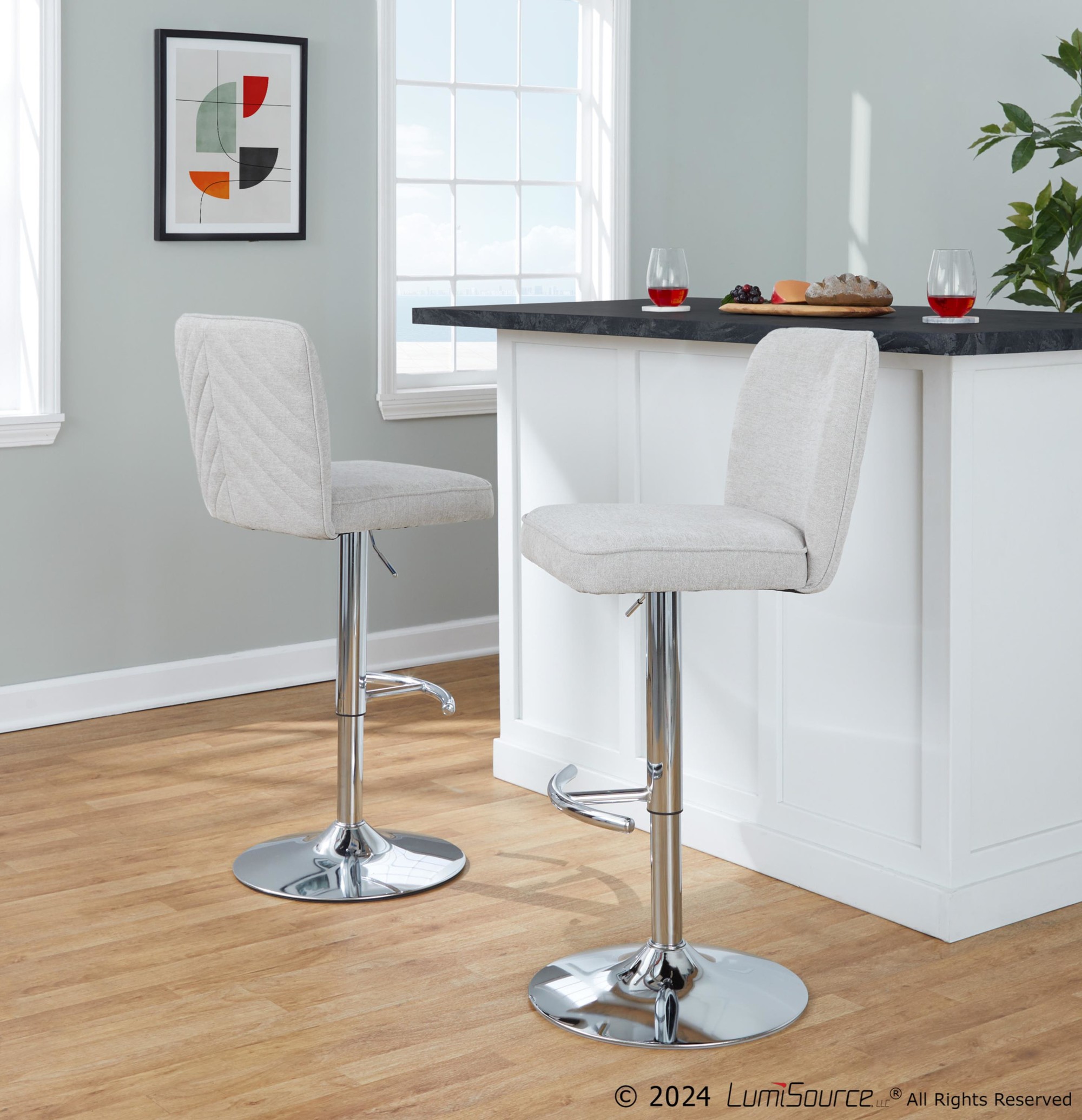 Henry Chrome Beige Contemporary Adjustable Swivel Barstool (Set of 2) 1 Henry Chrome Beige Contemporary Adjustable Swivel Barstool (Set of 2)