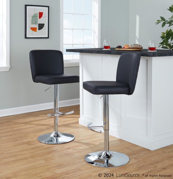 Henry Chrome Black Faux Leather Contemporary Adjustable Barstool Set of 2 1