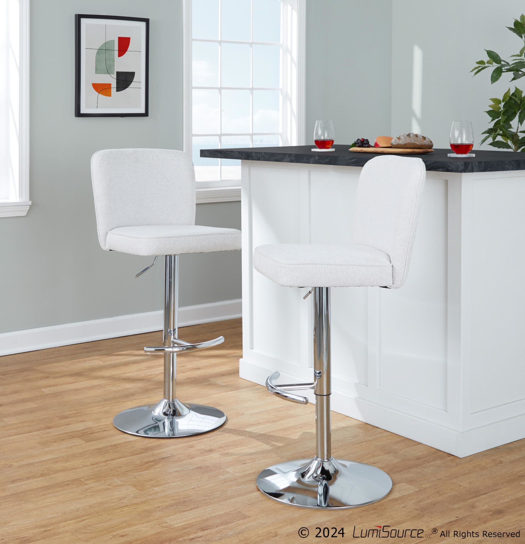 Henry Chrome and White Contemporary Adjustable Swivel Barstools (Set of 2) 2 Henry Chrome and White Contemporary Adjustable Swivel Barstools (Set of 2) - Image 2
