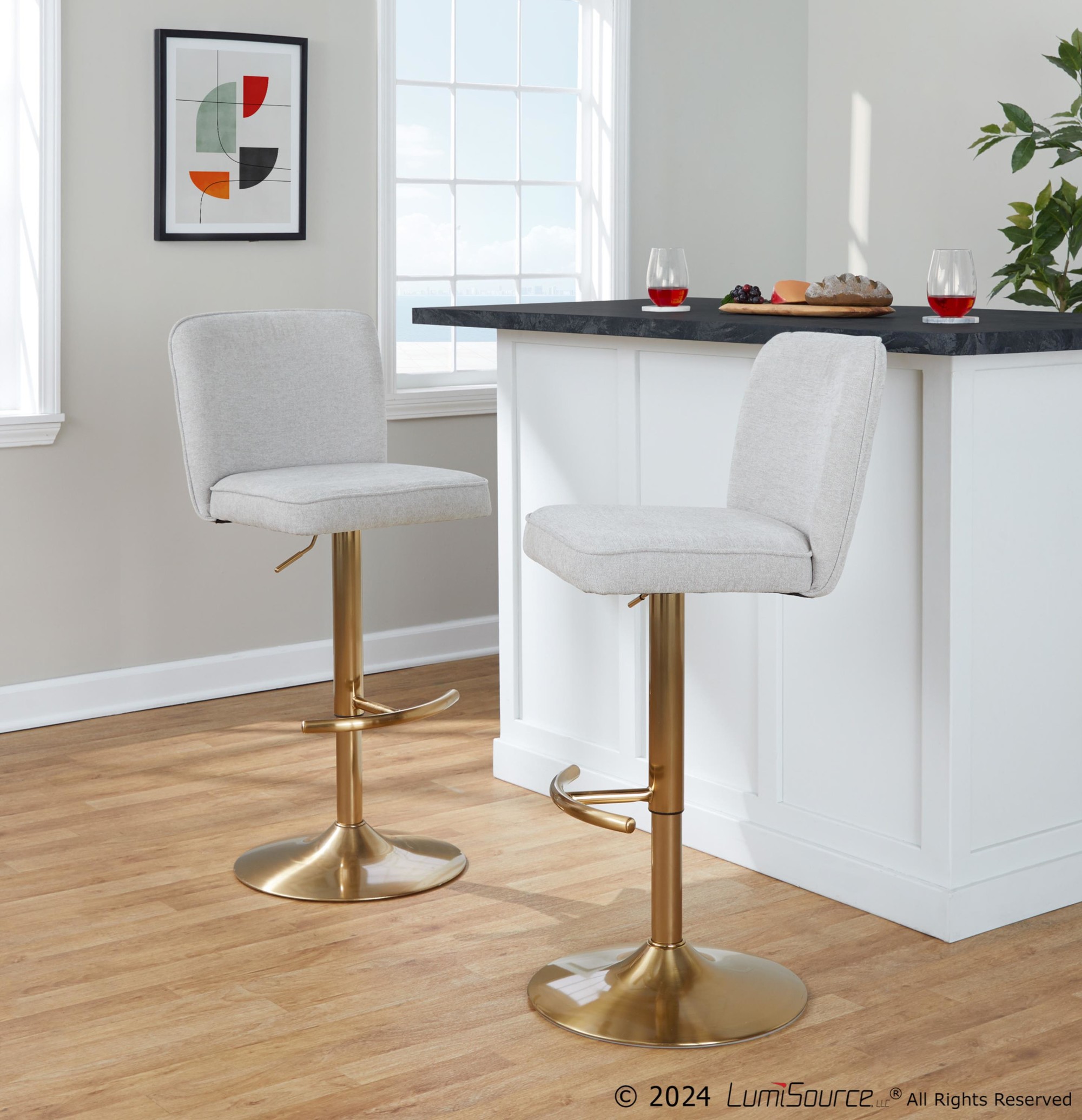 Henry Contemporary Gold Metal Beige Fabric Adjustable Barstool (Set of 2) 2 Henry Contemporary Gold Metal Beige Fabric Adjustable Barstool (Set of 2) - Image 2