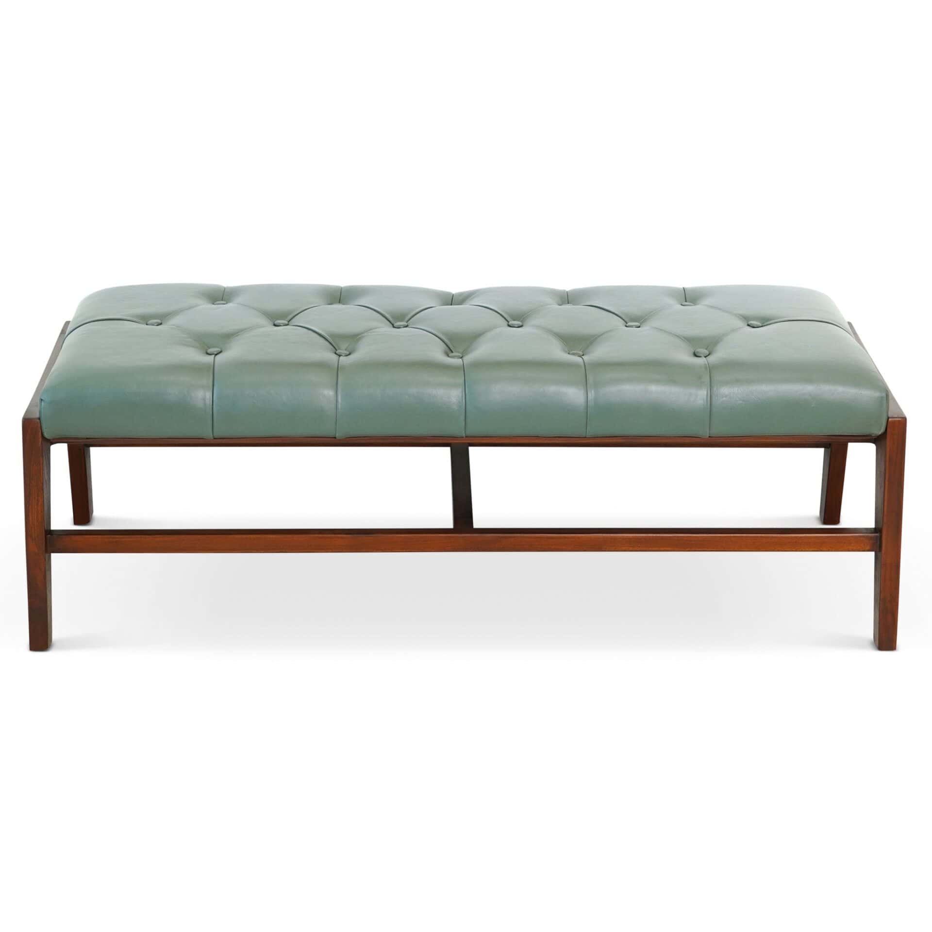Green Leather Mid-Century Upholstered Bench With Wood Frame 1 Green Leather Mid-Century Upholstered Bench With Wood Frame