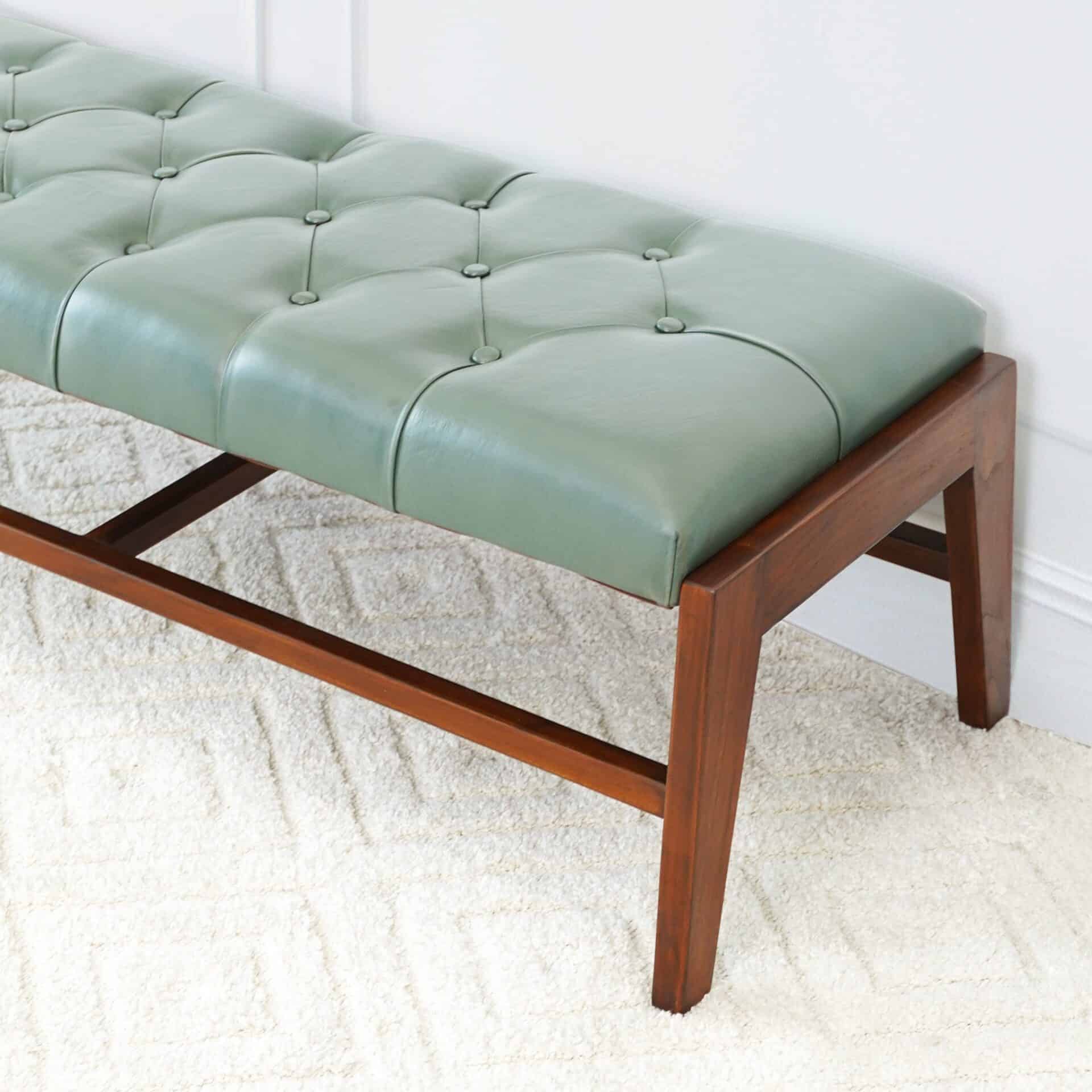 Green Leather Mid-Century Upholstered Bench With Wood Frame 5 Green Leather Mid-Century Upholstered Bench With Wood Frame - Image 5