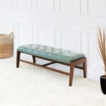 Green Leather Mid-Century Upholstered Bench With Wood Frame 9 Green Leather Mid-Century Upholstered Bench With Wood Frame
