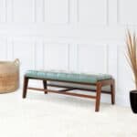Green Leather Mid-Century Upholstered Bench With Wood Frame 10 Green Leather Mid-Century Upholstered Bench With Wood Frame