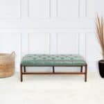 Green Leather Mid-Century Upholstered Bench With Wood Frame 11 Green Leather Mid-Century Upholstered Bench With Wood Frame
