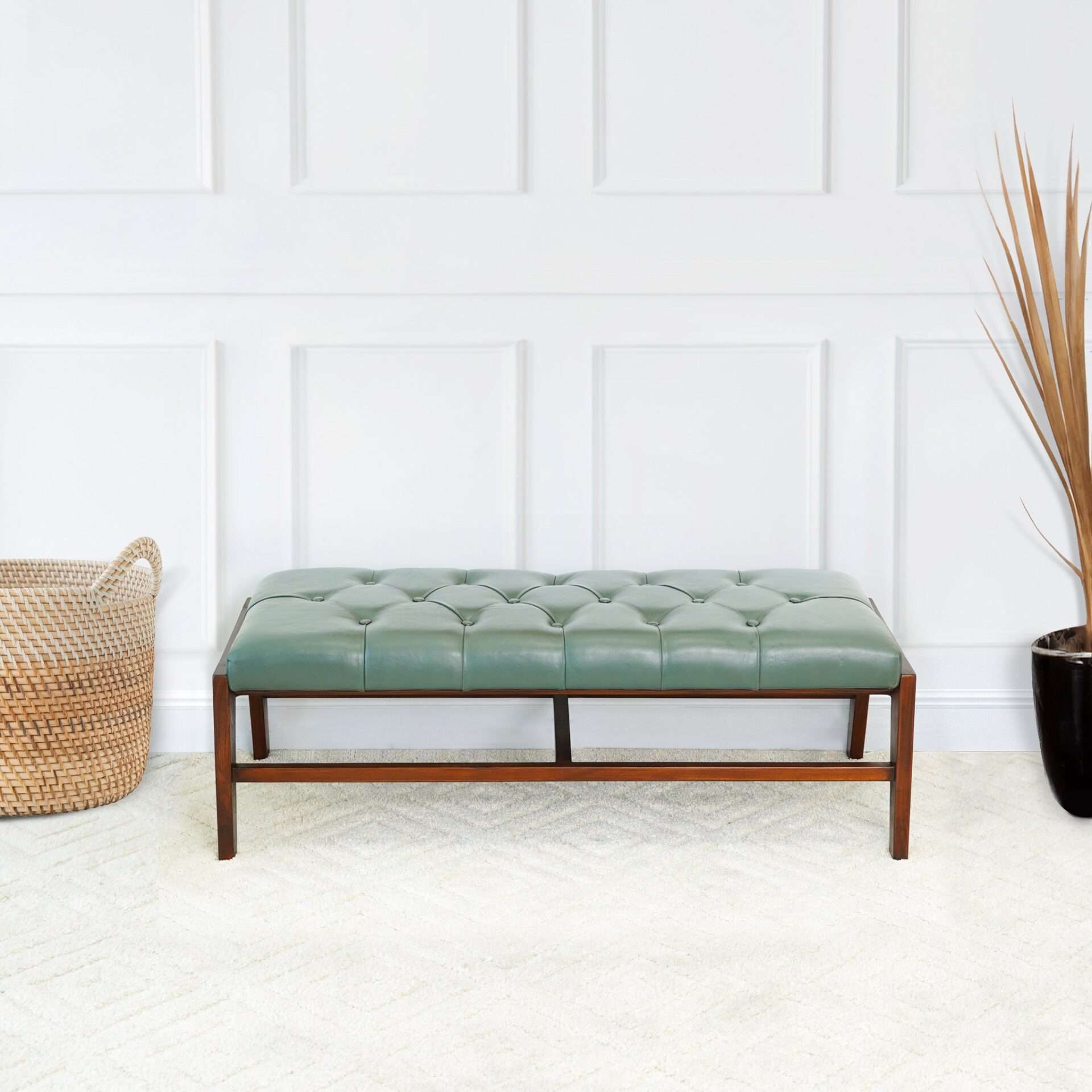 Green Leather Mid-Century Upholstered Bench With Wood Frame 4 Green Leather Mid-Century Upholstered Bench With Wood Frame - Image 4