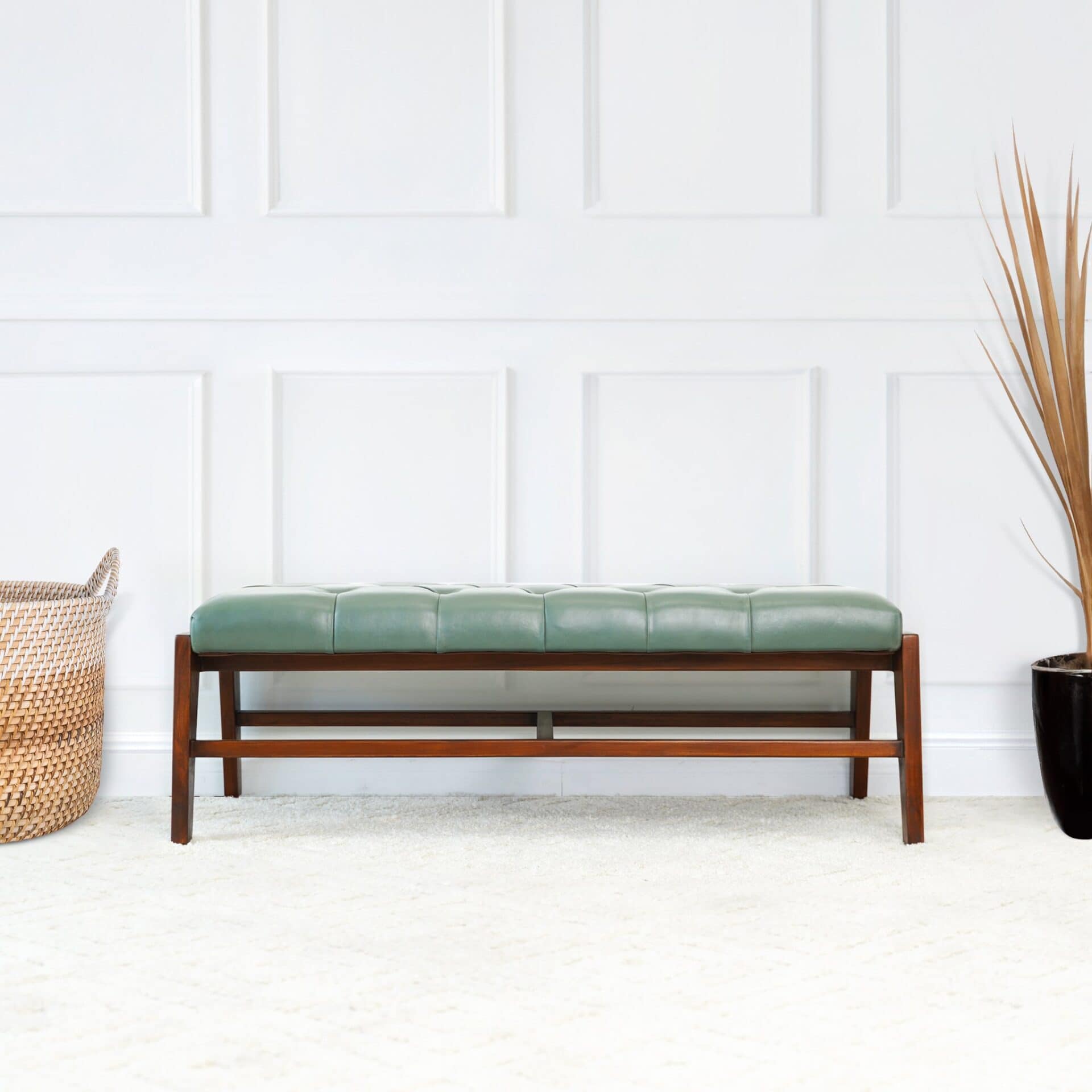 Green Leather Mid-Century Upholstered Bench With Wood Frame 6 Green Leather Mid-Century Upholstered Bench With Wood Frame - Image 6