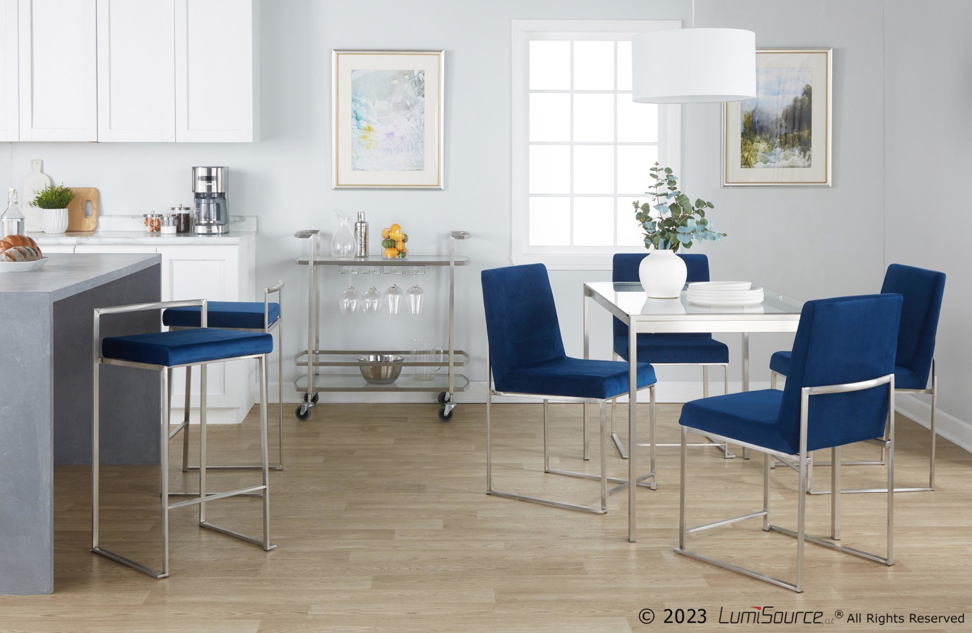 High Back Fuji Blue Velvet Contemporary Dining Chairs (Set of 2) 2 High Back Fuji Blue Velvet Contemporary Dining Chairs (Set of 2) - Image 2