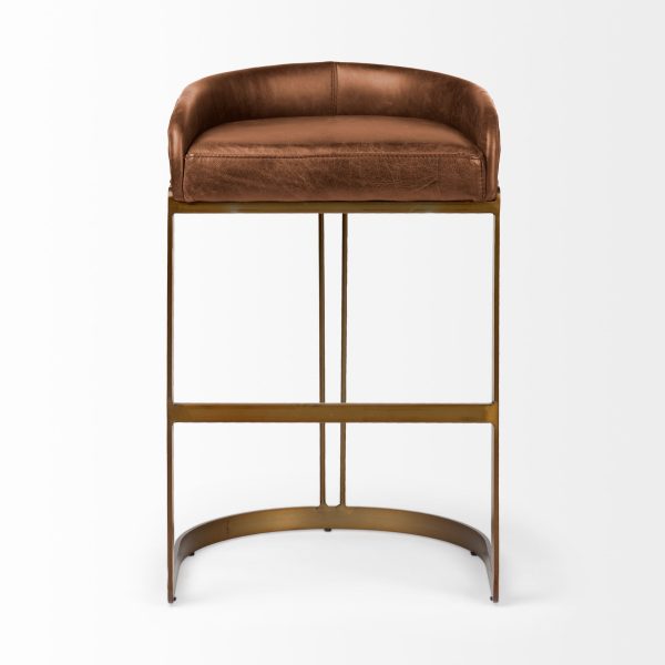 Hollyfield II Brown Leather Seat Gold Metal Base Bar Stool 2