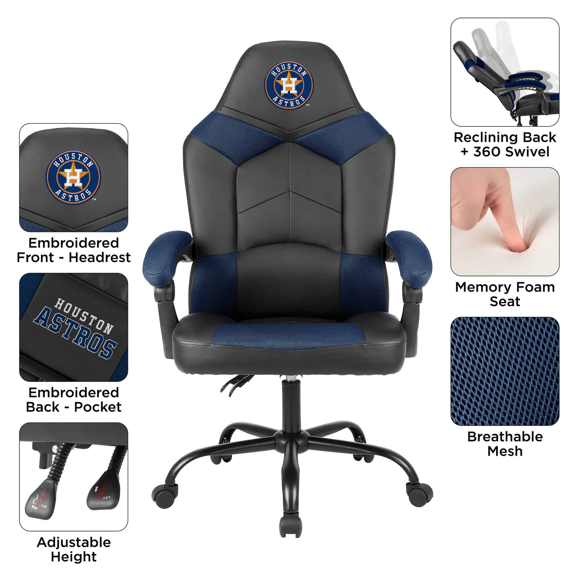 Houston Astros Oversized Embroidered Logo Office Chair with Storage Pouch 4 Houston Astros Oversized Embroidered Logo Office Chair with Storage Pouch - Image 4