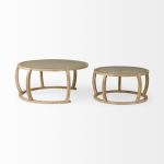 Hubbard Set of 2 Round Woven Cane w/Glass Top Solid Wood Base Coffee Tables