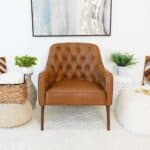Tan Leather Mid-Century Modern Lounge Chair With Walnut Legs
