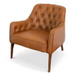Tan Leather Mid-Century Modern Lounge Chair With Walnut Legs
