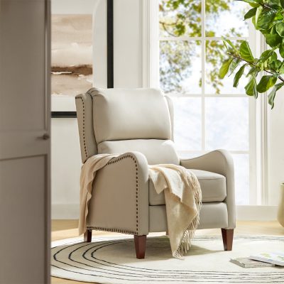 Hyde Beige Genuine Leather Wingback Push-Back Recliner