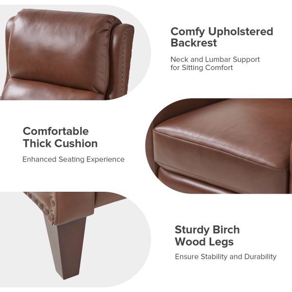 Hyde Brown Genuine Leather Wingback Nailhead Trim Push Back Recliner 4