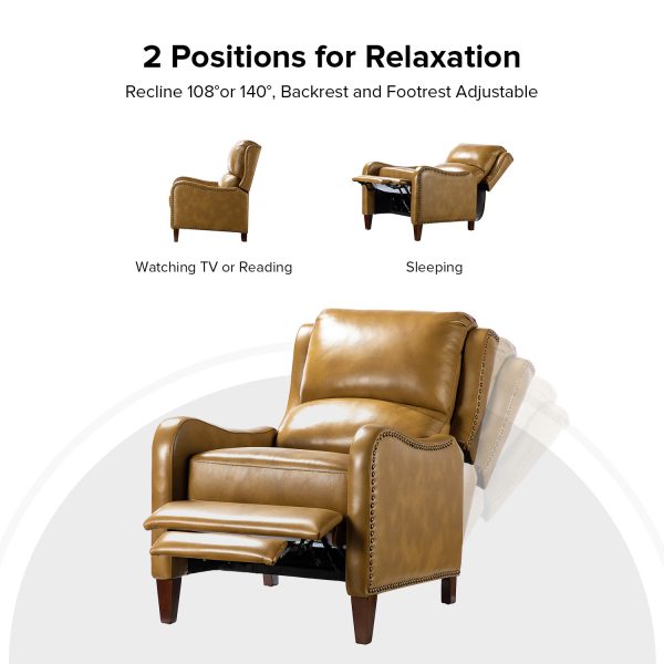Hyde Camel Leather Mid Century Modern Nailhead Trim Wingback Recliner 3