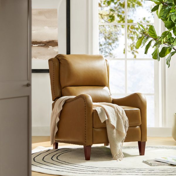 Hyde Camel Leather Mid Century Modern Nailhead Trim Wingback Recliner