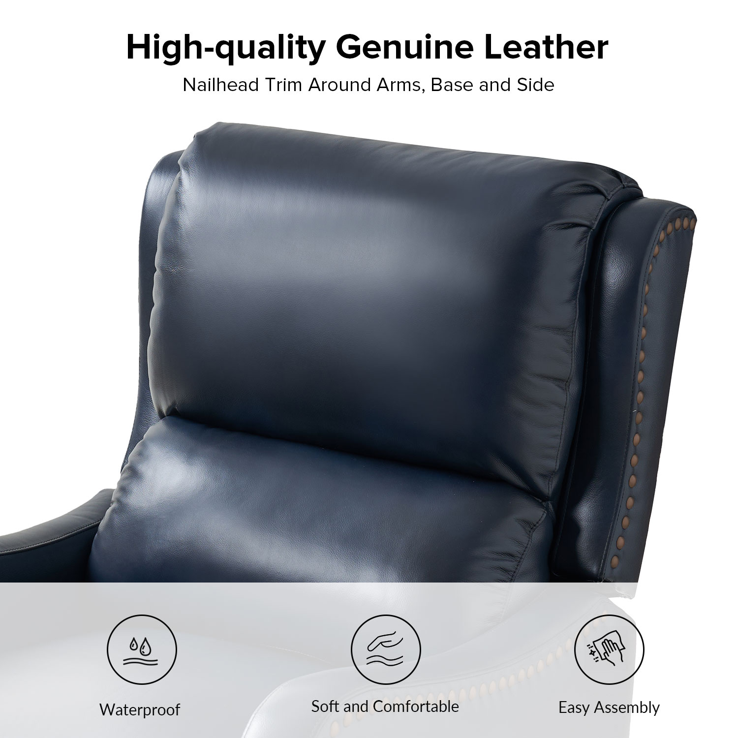 Hyde Navy Leather Mid-Century Modern Wingback Nailhead Trim Recliner 3 Hyde Navy Leather Mid-Century Modern Wingback Nailhead Trim Recliner - Image 3